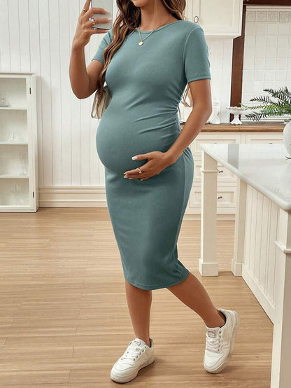 Maternity Short Sleeve Crew Neck Ruched Bodycon Dress Slim Fit Knee Length Solid Color Casual Streetwear Maternity T-Shirt Dress