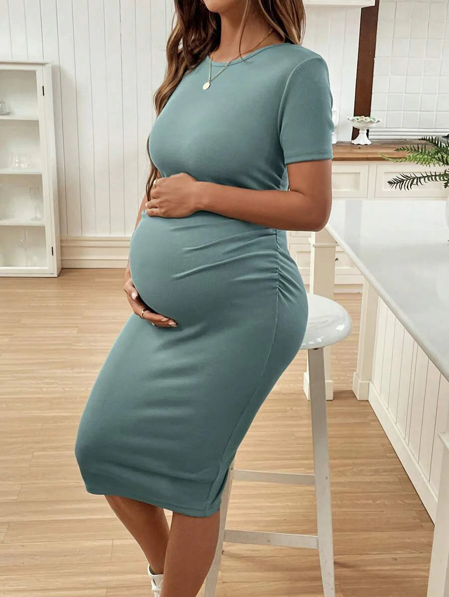 Maternity Short Sleeve Round Neck Bodycon Dress Slim Fit Ruched Knee Length Pencil Dress for Casual Street Style