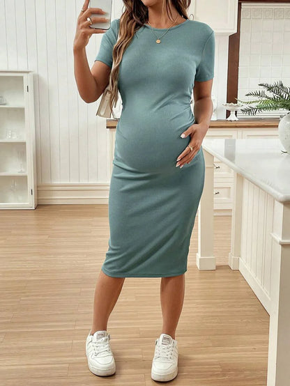 Maternity Short Sleeve Crew Neck Ruched Bodycon Dress Slim Fit Knee Length Solid Color Casual Streetwear Maternity T-Shirt Dress