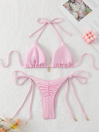 Swim Chiccia Women Spring Break Summer Beach Solid Color Halter Tie Sexy Bikini Swimsuit Set