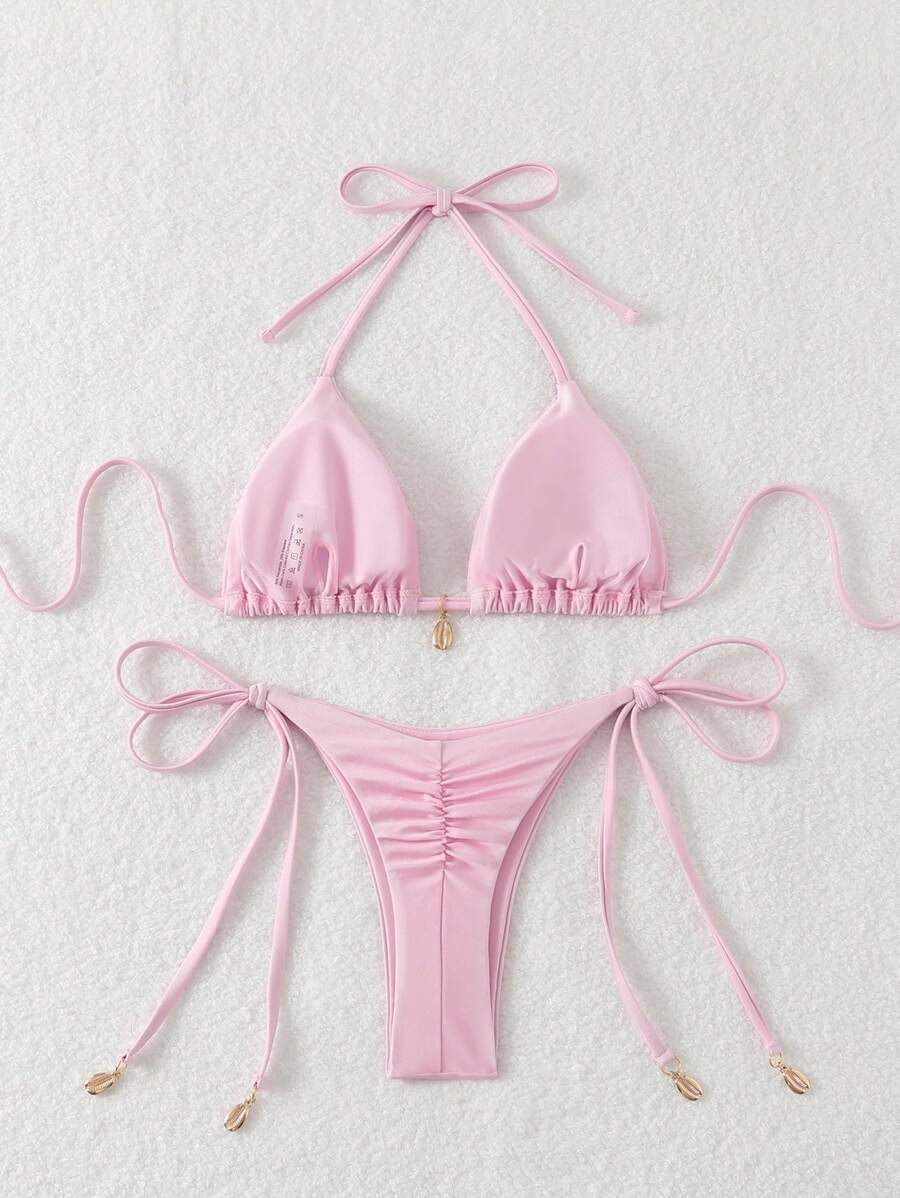 Swim Chiccia Women Spring Break Summer Beach Solid Color Halter Tie Sexy Bikini Swimsuit Set