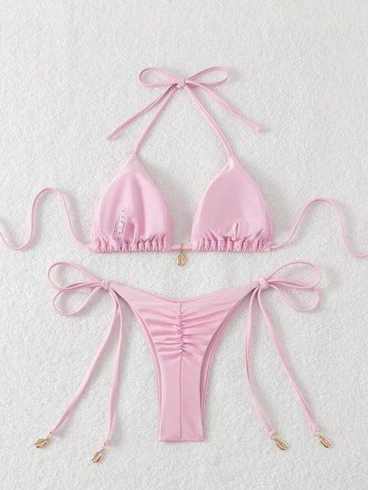Swim Chiccia Women Spring Break Summer Beach Solid Color Halter Tie Sexy Bikini Swimsuit Set
