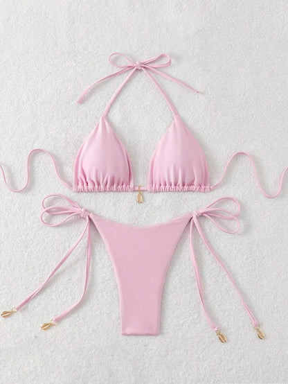 Swim Chiccia Women Spring Break Summer Beach Solid Color Halter Tie Sexy Bikini Swimsuit Set