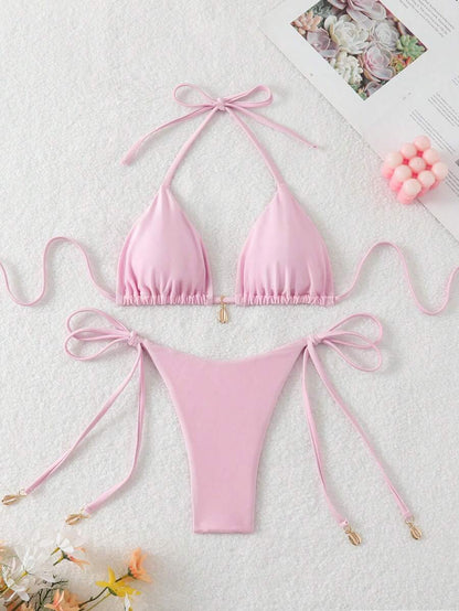 Swim Chiccia Women Spring Break Summer Beach Solid Color Halter Tie Sexy Bikini Swimsuit Set