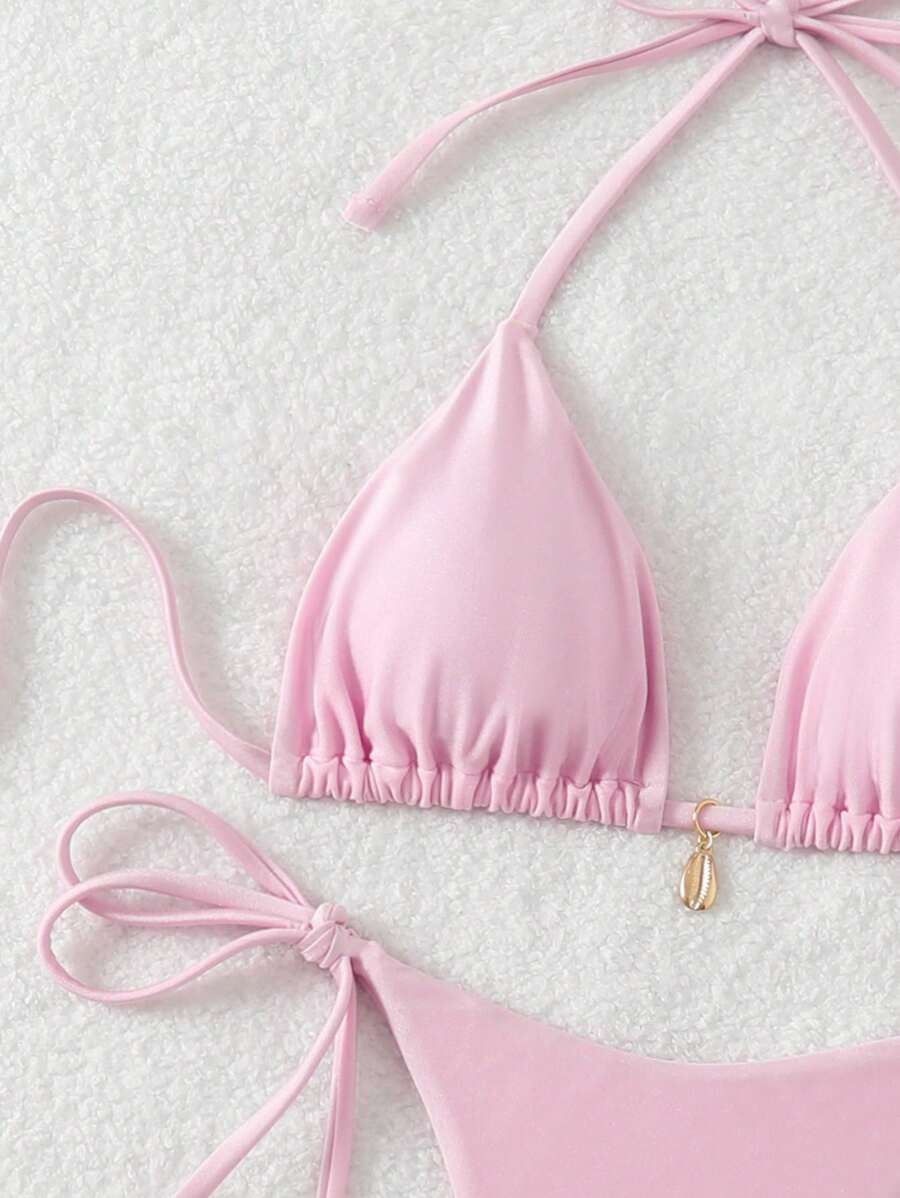 Swim Chiccia Women Spring Break Summer Beach Solid Color Halter Tie Sexy Bikini Swimsuit Set