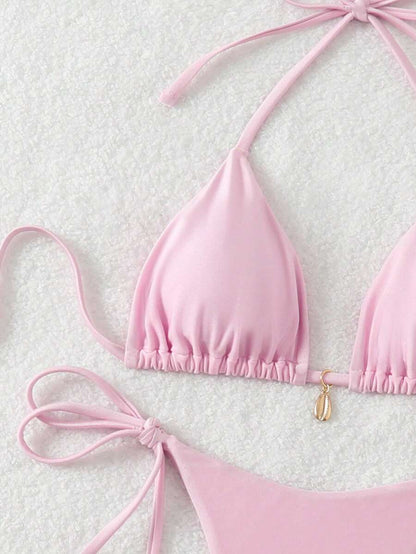 Swim Chiccia Women Spring Break Summer Beach Solid Color Halter Tie Sexy Bikini Swimsuit Set
