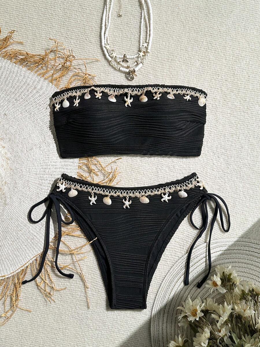 Women's 2-Piece Textured Bandeau Bikini Set - Shell Strap, Tie Side, Lace Up, White