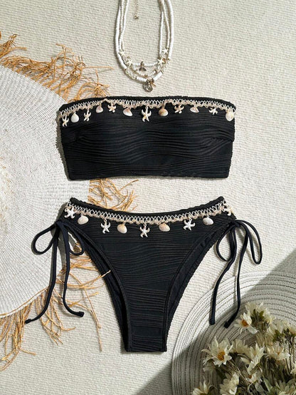 Women's 2-Piece Textured Bandeau Bikini Set - Shell Strap, Tie Side, Lace Up, White