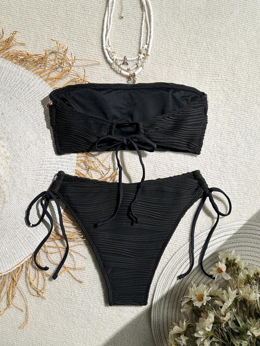 Women's 2-Piece Textured Bandeau Bikini Set - Shell Strap, Tie Side, Lace Up, White