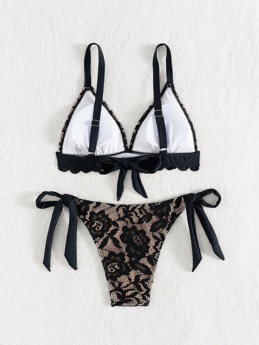 Swim Vcay 2pcs Women Beach Outfits - Lace Shell Trim Spaghetti Strap Tie-Up Bikini Set For Summer Beach Vacation