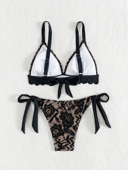 Swim Vcay 2pcs Women Beach Outfits - Lace Shell Trim Spaghetti Strap Tie-Up Bikini Set For Summer Beach Vacation