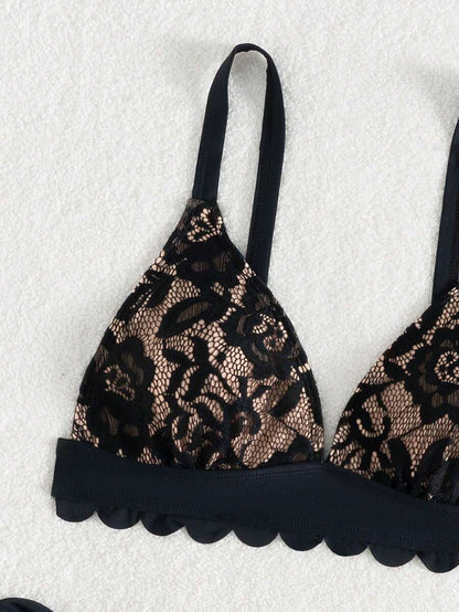 Swim Vcay 2pcs Women Beach Outfits - Lace Shell Trim Spaghetti Strap Tie-Up Bikini Set For Summer Beach Vacation