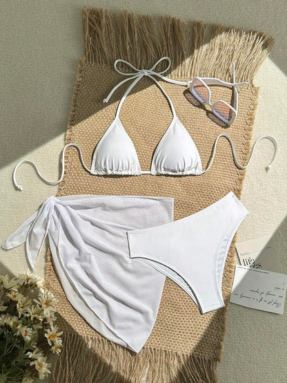Women's 3-Piece Solid Halter Bikini Set - Tie-Up, Cover-Up Skirt, Full Cup, White