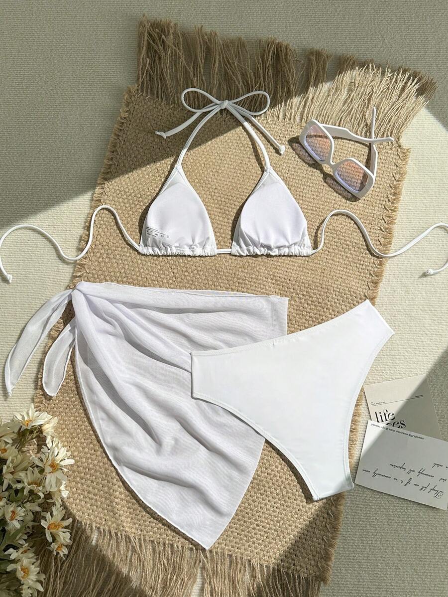 Women's 3-Piece Solid Halter Bikini Set - Tie-Up, Cover-Up Skirt, Full Cup, White