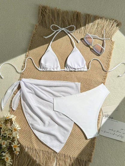 Women's 3-Piece Solid Halter Bikini Set - Tie-Up, Cover-Up Skirt, Full Cup, White