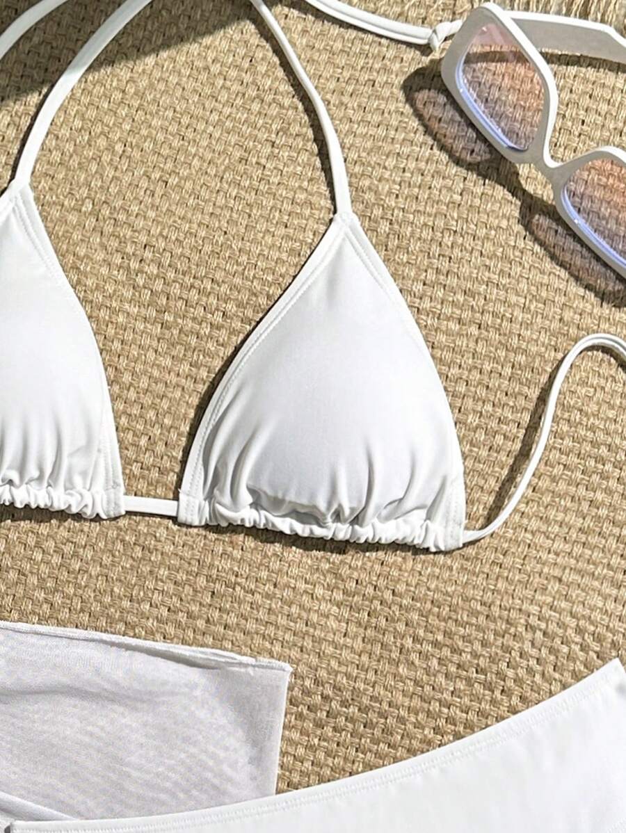 Women's 3-Piece Solid Halter Bikini Set - Tie-Up, Cover-Up Skirt, Full Cup, White