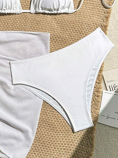 Women's 3-Piece Solid Halter Bikini Set - Tie-Up, Cover-Up Skirt, Full Cup, White