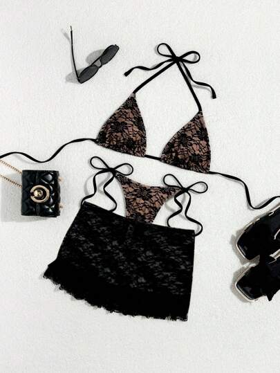 Women's 3-Piece Lace Bikini Set - Flounce Mini Skirt, Triangle Bra, G-String, Black