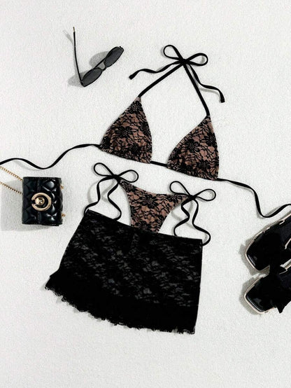 Women's 3-Piece Lace Bikini Set - Flounce Mini Skirt, Triangle Bra, G-String, Black