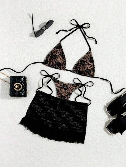 Women's 3-Piece Lace Bikini Set - Flounce Mini Skirt, Triangle Bra, G-String, Black