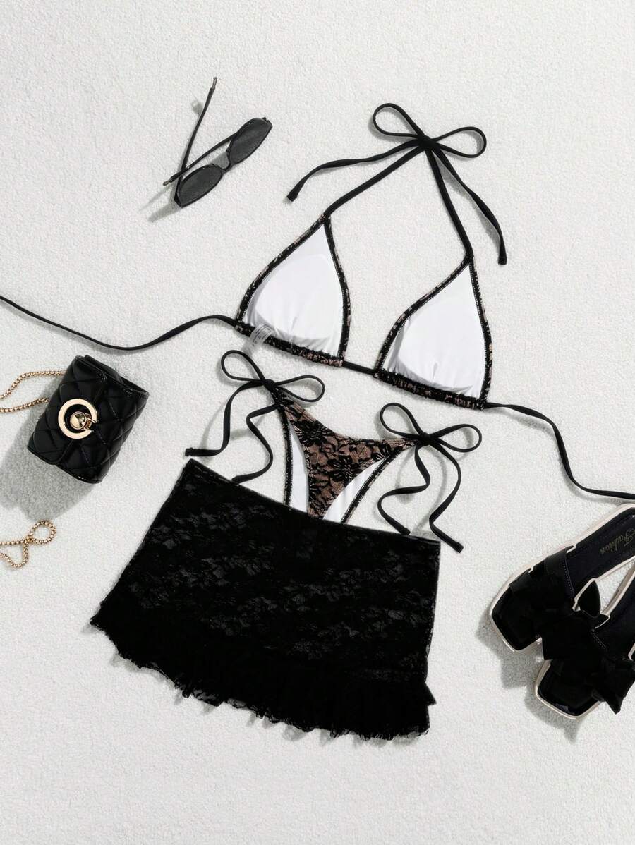 Women's 3-Piece Lace Bikini Set - Flounce Mini Skirt, Triangle Bra, G-String, Black