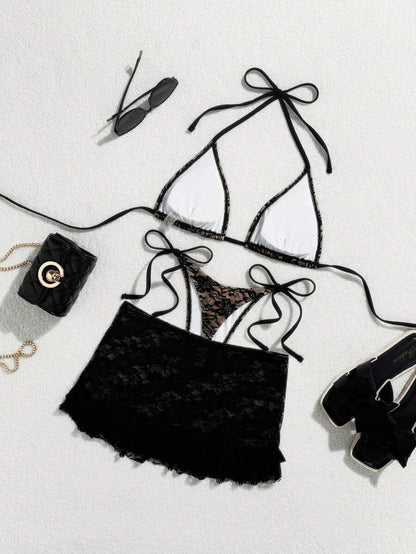 Women's 3-Piece Lace Bikini Set - Flounce Mini Skirt, Triangle Bra, G-String, Black