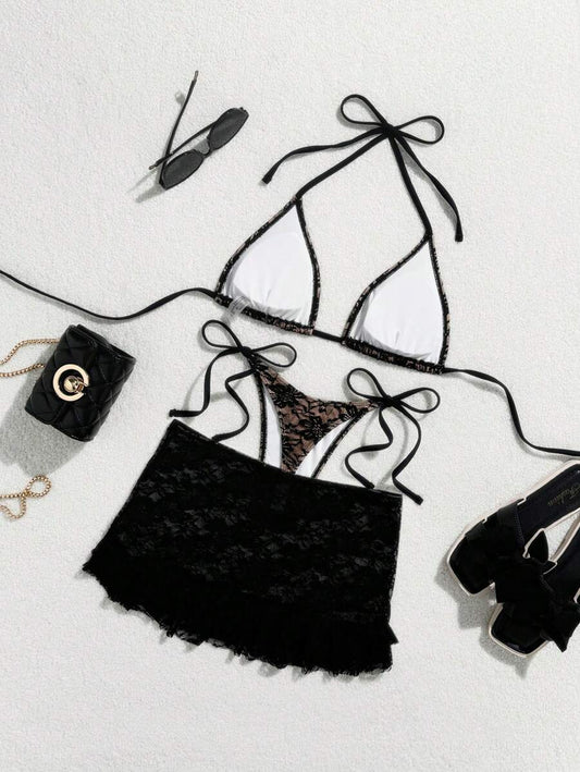 Women's 3-Piece Lace Bikini Set - Flounce Mini Skirt, Triangle Bra, G-String, Black
