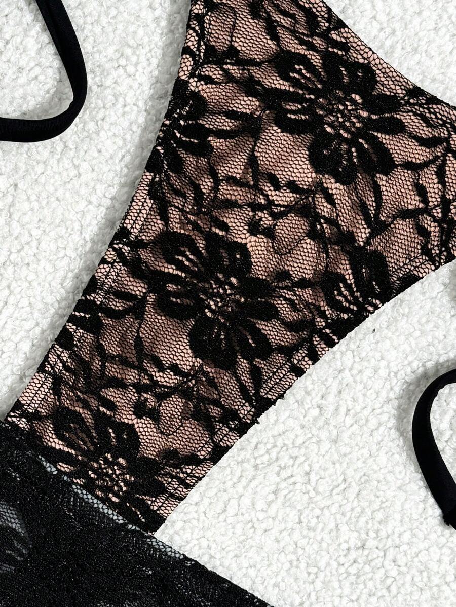 Women's 3-Piece Lace Bikini Set - Flounce Mini Skirt, Triangle Bra, G-String, Black