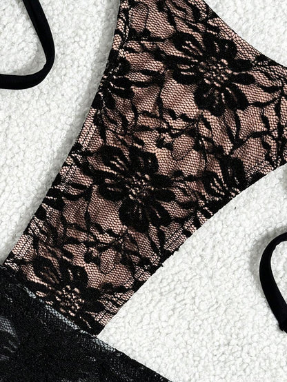 Women's 3-Piece Lace Bikini Set - Flounce Mini Skirt, Triangle Bra, G-String, Black