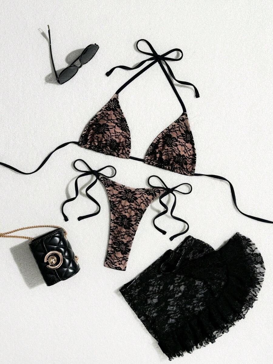 Women's 3-Piece Lace Bikini Set - Flounce Mini Skirt, Triangle Bra, G-String, Black