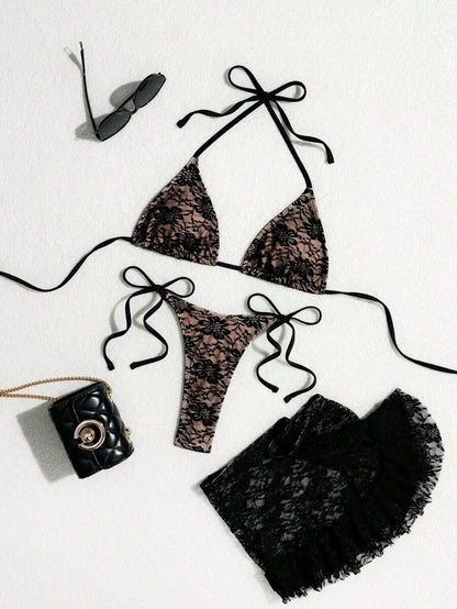 Women's 3-Piece Lace Bikini Set - Flounce Mini Skirt, Triangle Bra, G-String, Black