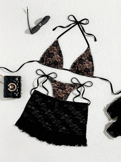 Women's 3-Piece Lace Bikini Set - Flounce Mini Skirt, Triangle Bra, G-String, Black