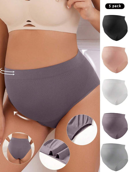 Maternity Seamless Briefs 5 Pack - Solid Color Soft Stretch Comfortable High Waist, Pregnancy