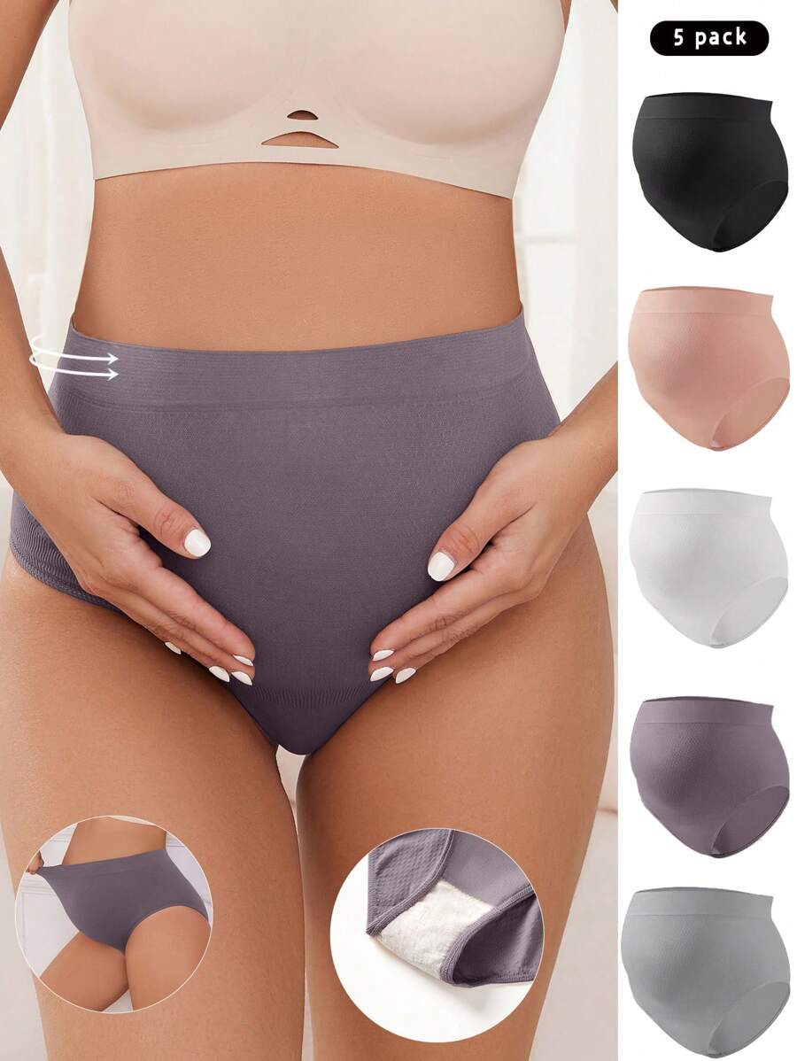 Maternity Panties 5 Pack - Solid Color Simple Soft Stretch High Waist, Pregnancy Daily Wear