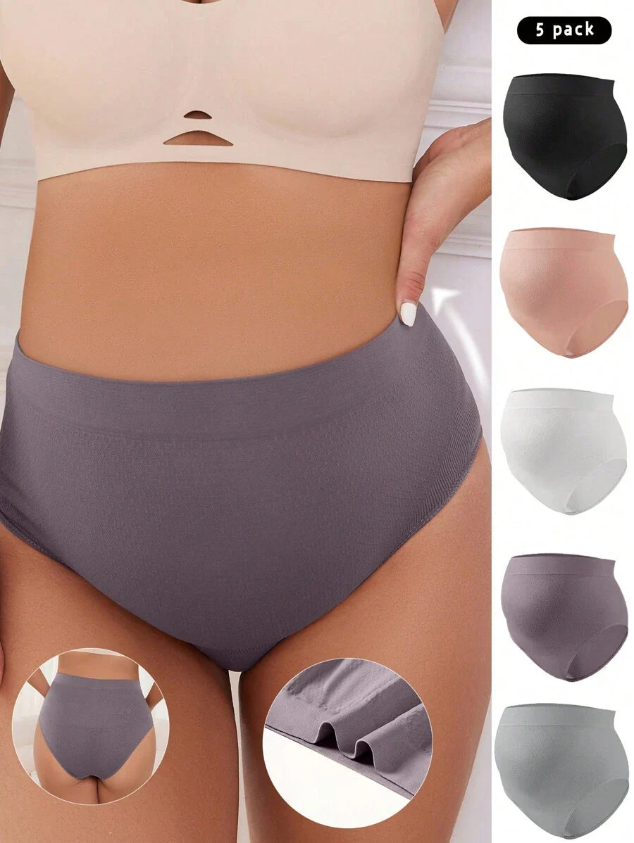 Maternity Seamless Briefs 5 Pack - Solid Color Soft Stretch Comfortable High Waist, Pregnancy