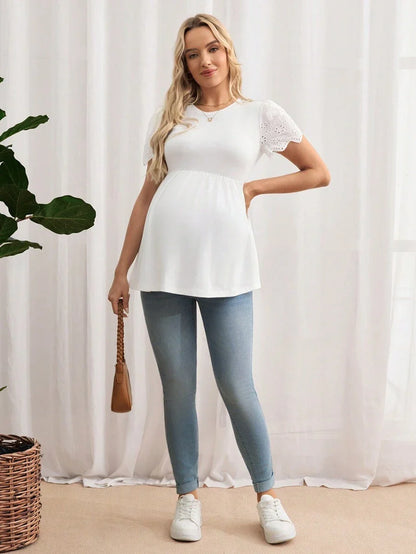 Black Maternity Knitted T-Shirt with Scalloped Short Sleeves and Flared Hem - Casual Round Neck Pregnancy Top