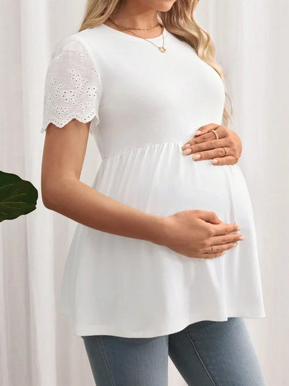 Black Maternity Knitted T-Shirt with Scalloped Short Sleeves and Flared Hem - Casual Round Neck Pregnancy Top