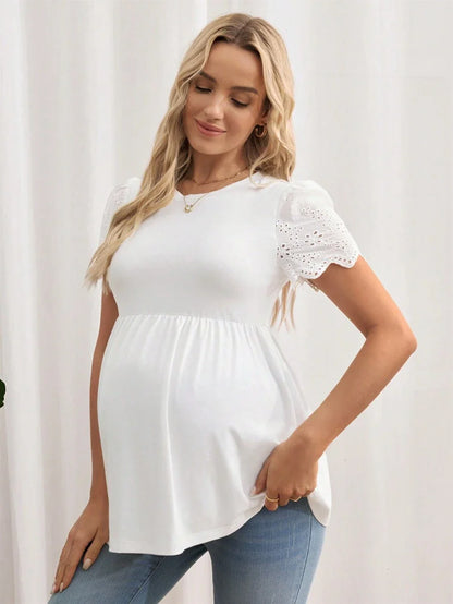 Black Maternity Knitted T-Shirt with Scalloped Short Sleeves and Flared Hem - Casual Round Neck Pregnancy Top