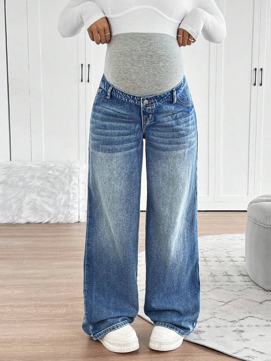 Maternity High Waist Washed Wide Leg Denim Jeans – Blue Patchwork Loose Fit Y2K Streetwear Pants for Daily Commute & Casual Chic