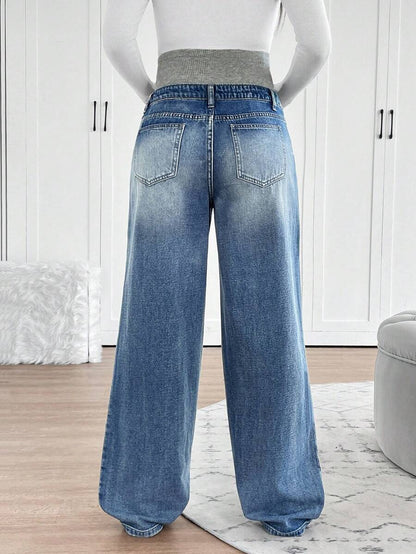 Maternity High Waist Washed Wide Leg Denim Jeans – Blue Patchwork Loose Fit Y2K Streetwear Pants for Daily Commute & Casual Chic