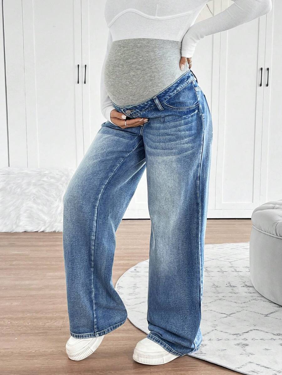 Maternity High Waist Washed Wide Leg Denim Jeans – Blue Patchwork Loose Fit Y2K Streetwear Pants for Daily Commute & Casual Chic