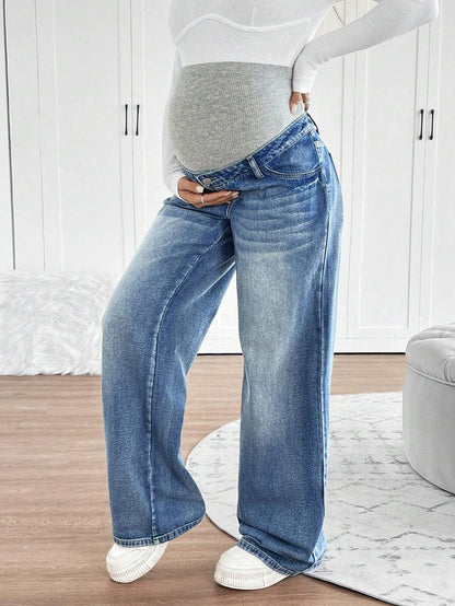 Maternity High Waist Washed Wide Leg Denim Jeans – Blue Patchwork Loose Fit Y2K Streetwear Pants for Daily Commute & Casual Chic