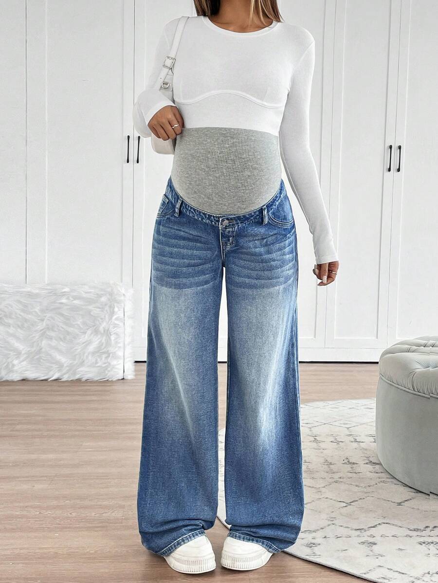 Maternity High Waist Washed Wide Leg Denim Jeans – Blue Patchwork Loose Fit Y2K Streetwear Pants for Daily Commute & Casual Chic