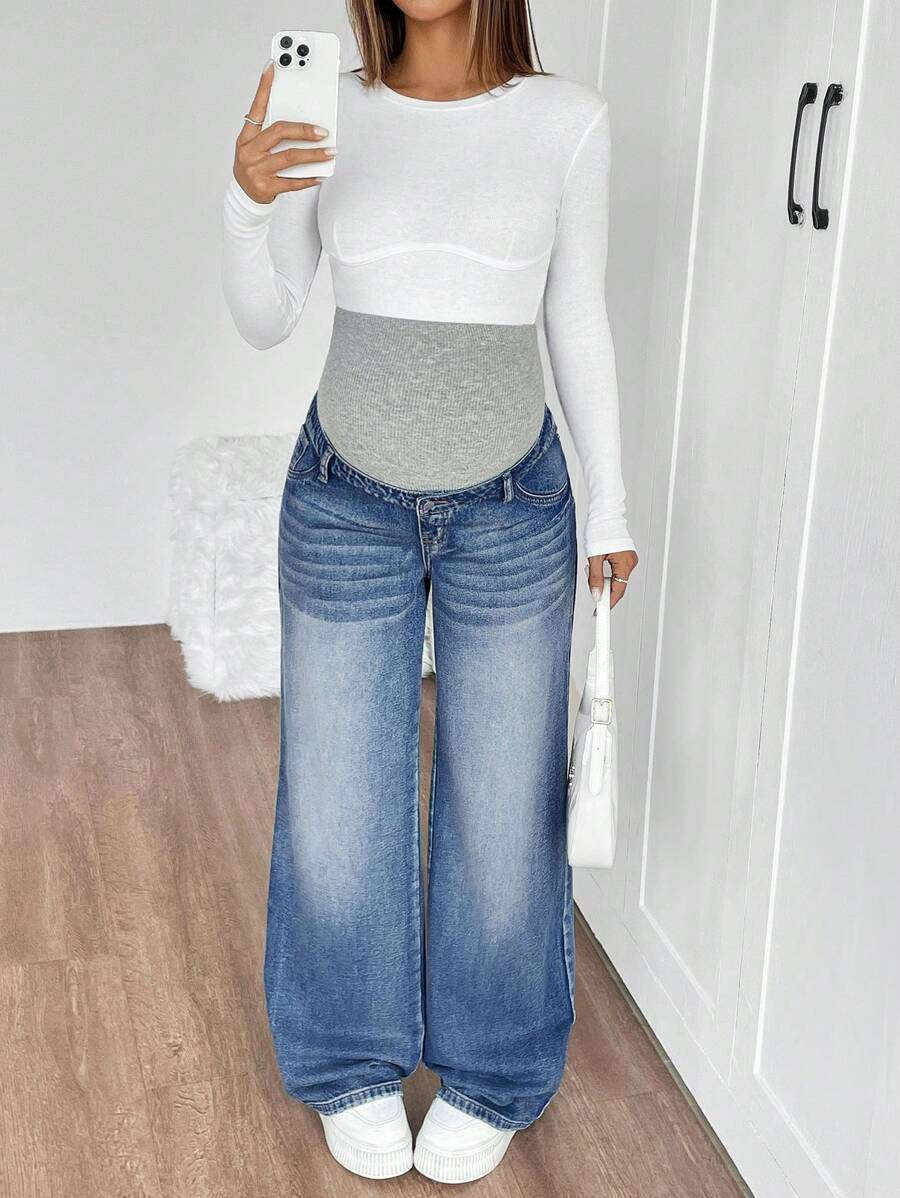 Maternity High Waist Washed Wide Leg Denim Jeans – Blue Patchwork Loose Fit Y2K Streetwear Pants for Daily Commute & Casual Chic