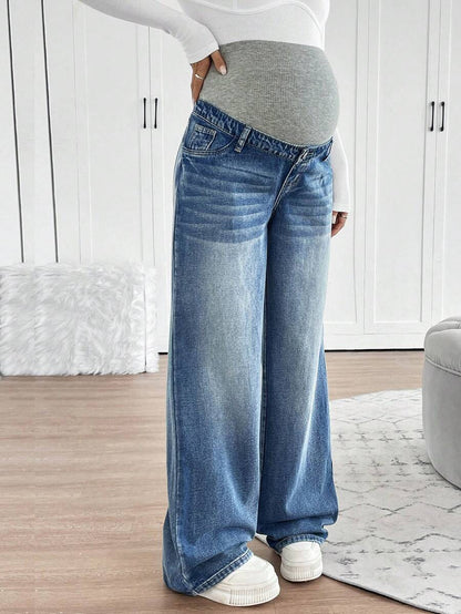 Maternity High Waist Washed Wide Leg Denim Jeans – Blue Patchwork Loose Fit Y2K Streetwear Pants for Daily Commute & Casual Chic