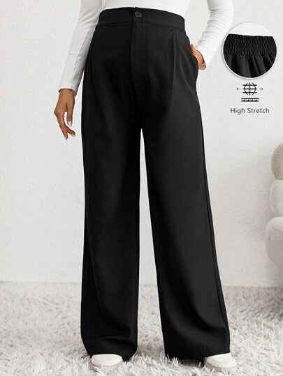 Maternity Straight Leg Pants - Zipper Fly, Button Detail, High Waist, Loose Fit, Black