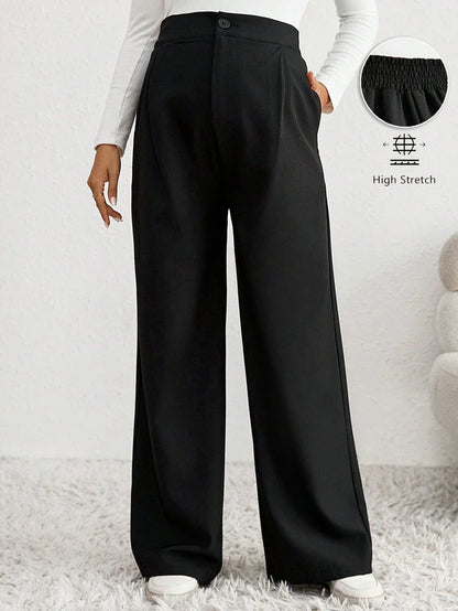 Maternity Straight Leg Pants - Zipper Fly, Button Detail, High Waist, Loose Fit, Black