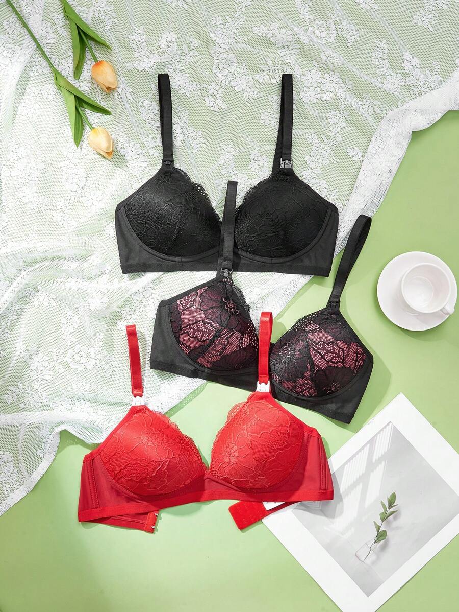 3PCS Maternity Lace Lingerie Set Women Contrast Lace Comfortable Nursing Underwear Set