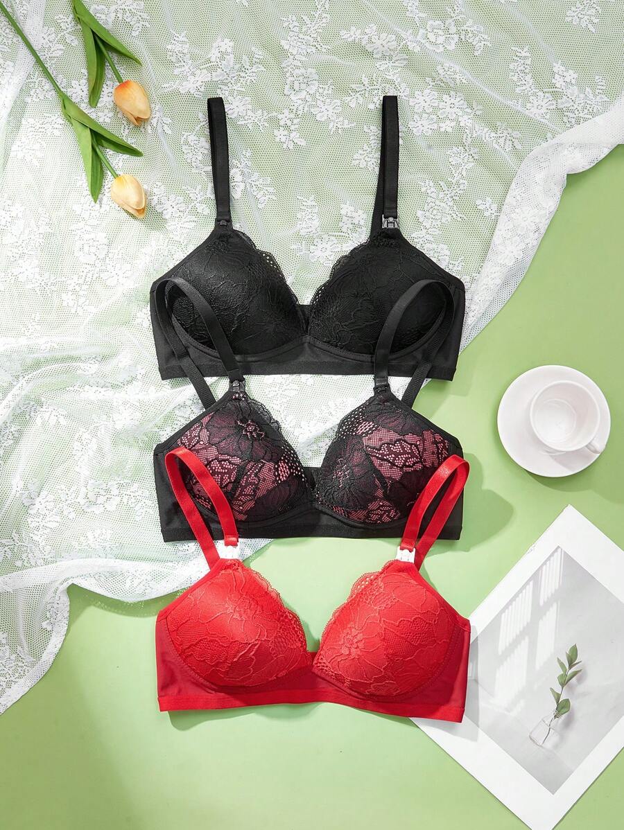 3PCS Maternity Lace Lingerie Set Women Contrast Lace Comfortable Nursing Underwear Set