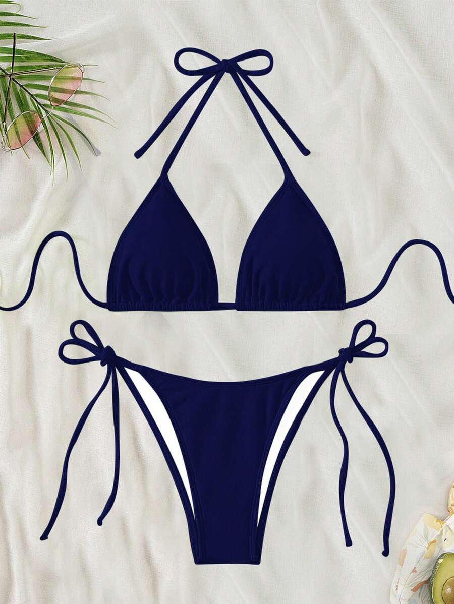 Swim Vcay 2026 Spring/Summer Green Special Fabric Women's Swimwear, Spaghetti Strap Halter Solid Color Sexy Side Tie Thong Bikini Two-Piece Swimwear Teal Bikini Tie Bikini Set Textured Bikini Triangle Bikini Triangle Bikini Set